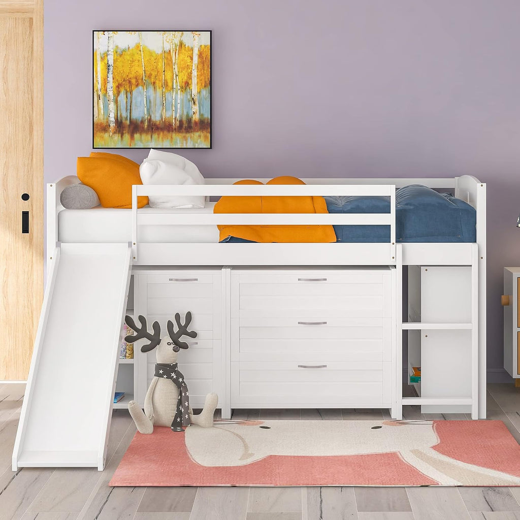 Twin Low Loft Bed with Desk and Cabinet Wooden Bed Frame Z150680