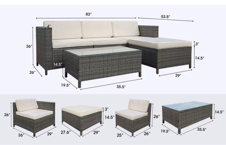 5 Piece Grey PE Rattan Wicker Patio Conversation Set with Glass Coffee Table and Ottomans P740899