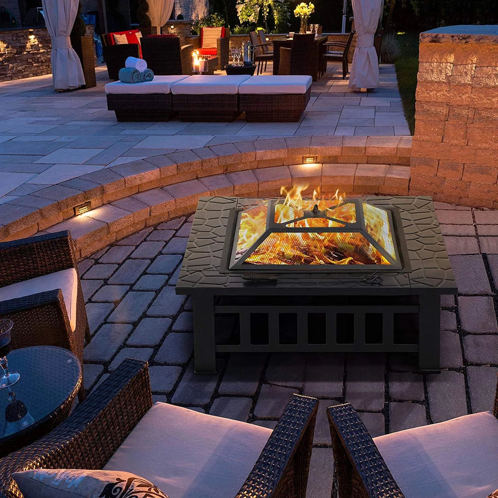 32 Wood Burning Fire Pit with Screen Lid and Poker, Black I593