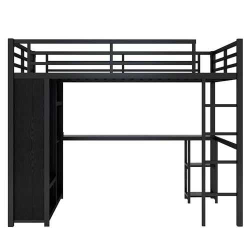 Full Size White Metal Loft Bed with Desk and Wardrobe D592