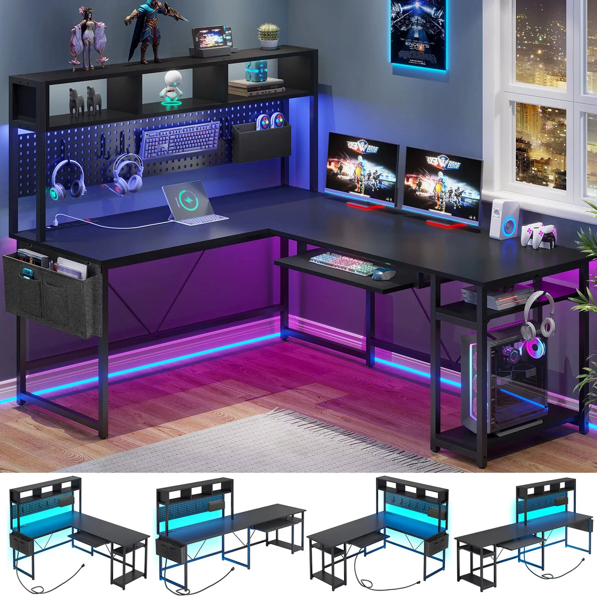 L Shaped Gaming Desk with Power Outlet and Led Light, Black W1814