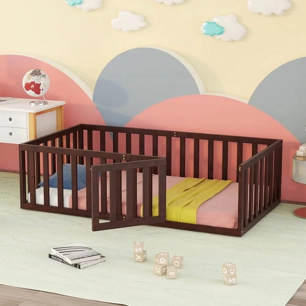 Full Size Wood Floor Bed with Fence Guardrails and Slats F707