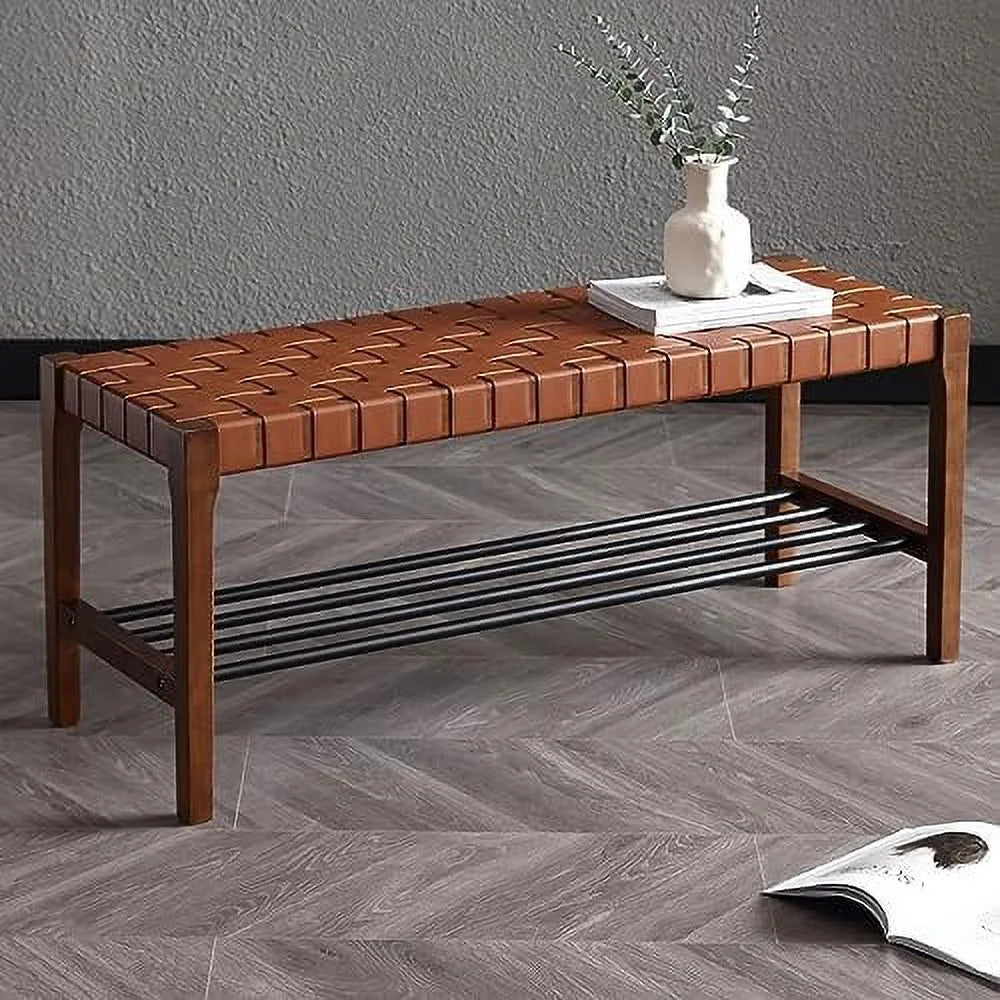 Brown 45 Inch Woven Wood Accent Bench with Metal Shoe Rack A455841