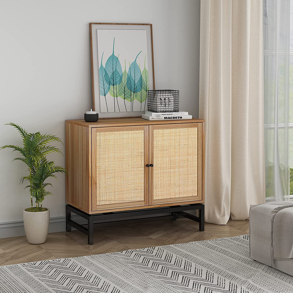 Beige Rattan Storage Cabinet with 2-Tier Shelf X128434