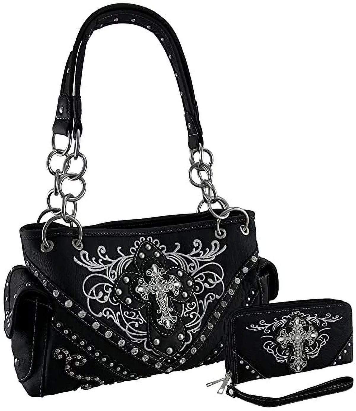 Embroidered Purse Wallet Set with Rhinestone Cross I410232