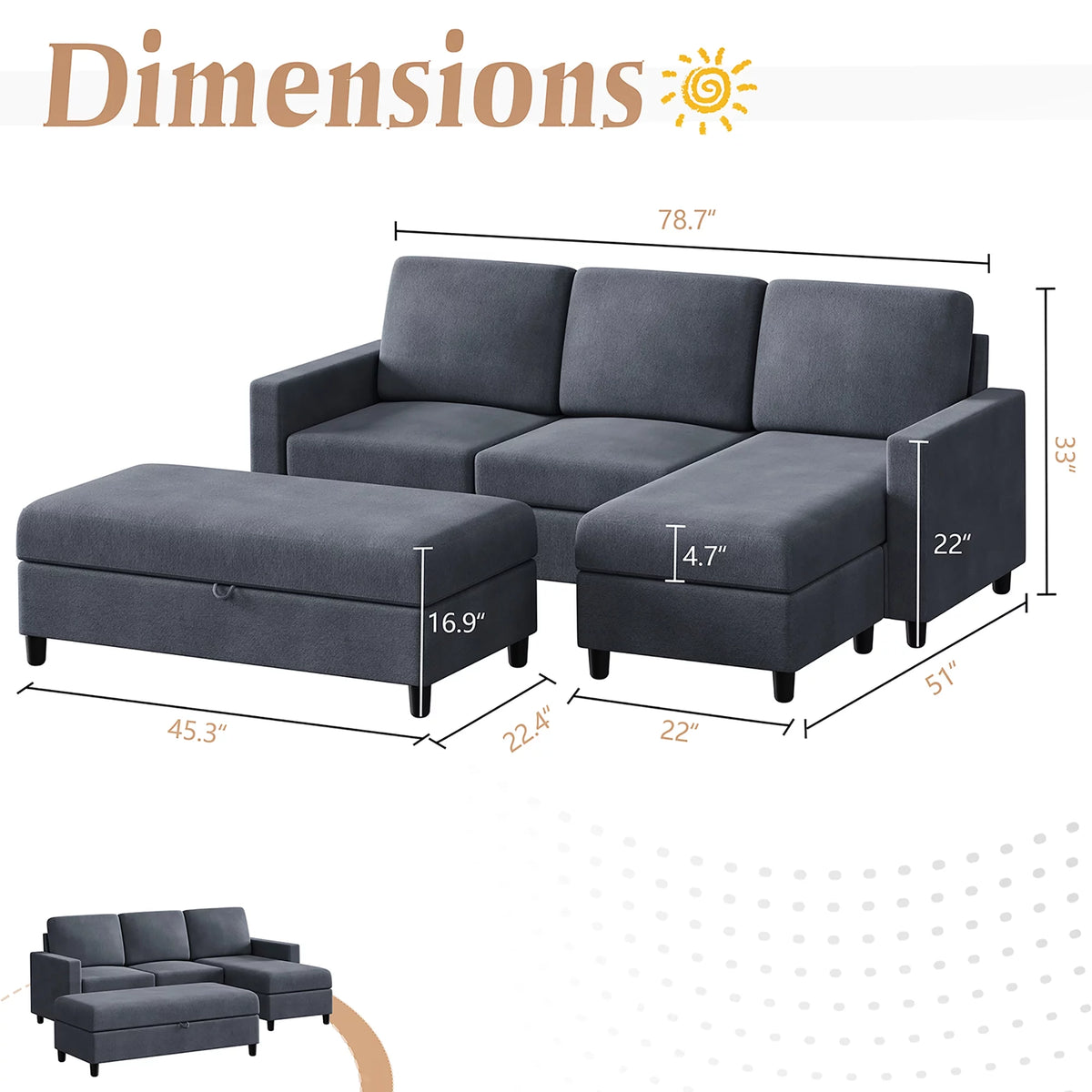 L-Shaped Convertible Sectional Sofa with Storage Ottoman D37353