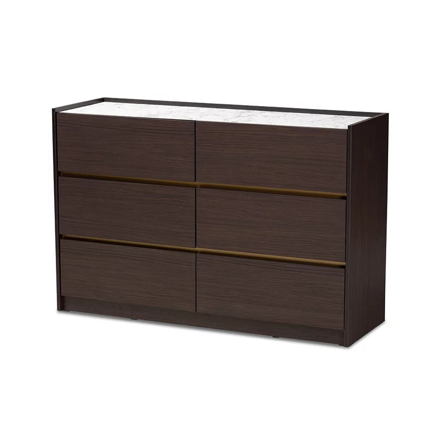 Dark Brown Gold Wood 6-Drawer Dresser with Faux Marble Top L123051