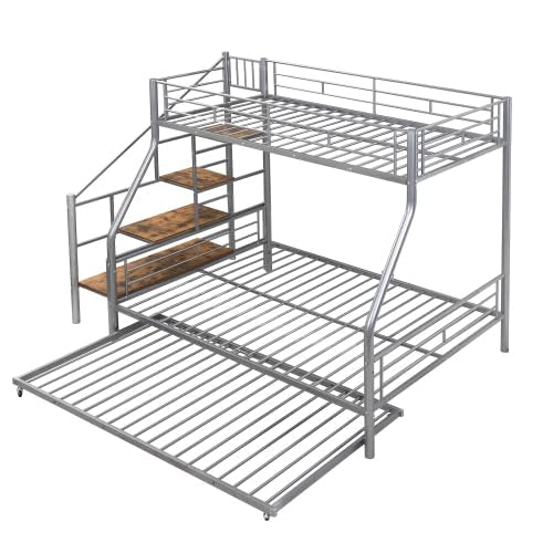Black Twin Over Full Metal Bunk Bed with Trundle and Storage Staircase X583