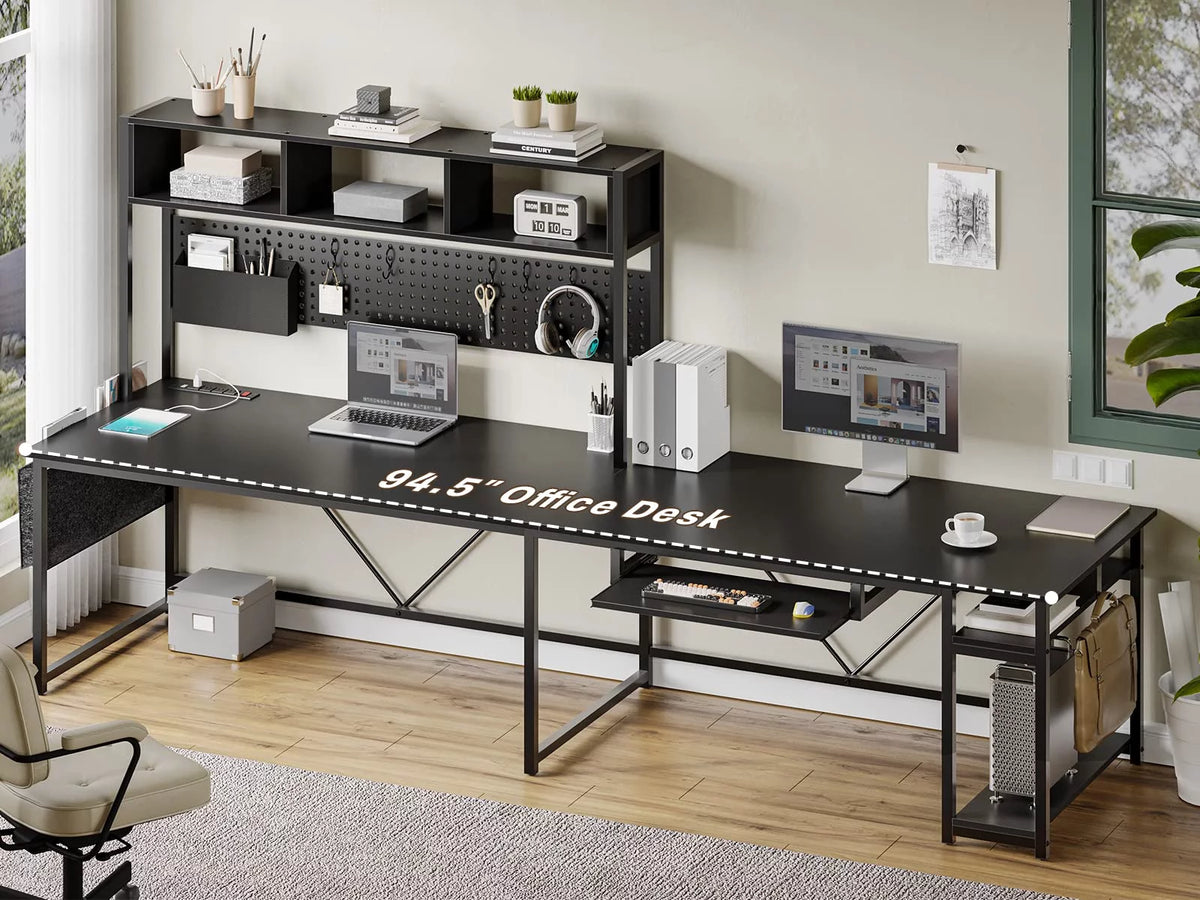 L Shaped Gaming Desk with Power Outlet and Led Light, Black W1814