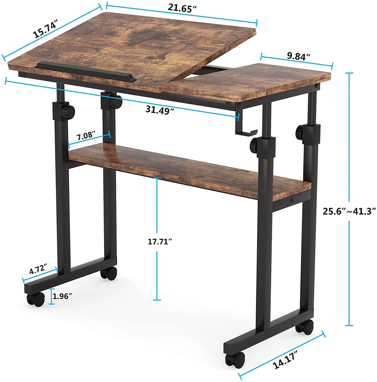 Height Adjustable Bedside Table on Wheels Brown V266