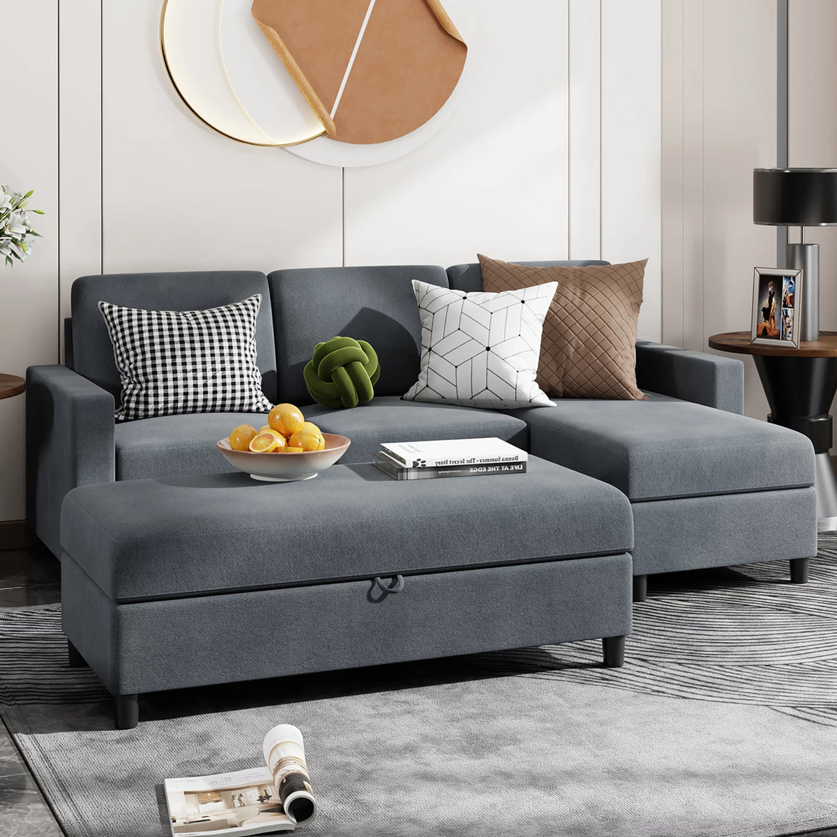 L-Shaped Convertible Sectional Sofa with Storage Ottoman D37353