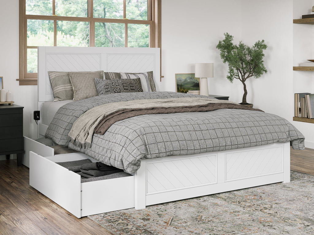 White Solid Wood Platform Bed with Storage Drawers Queen J935