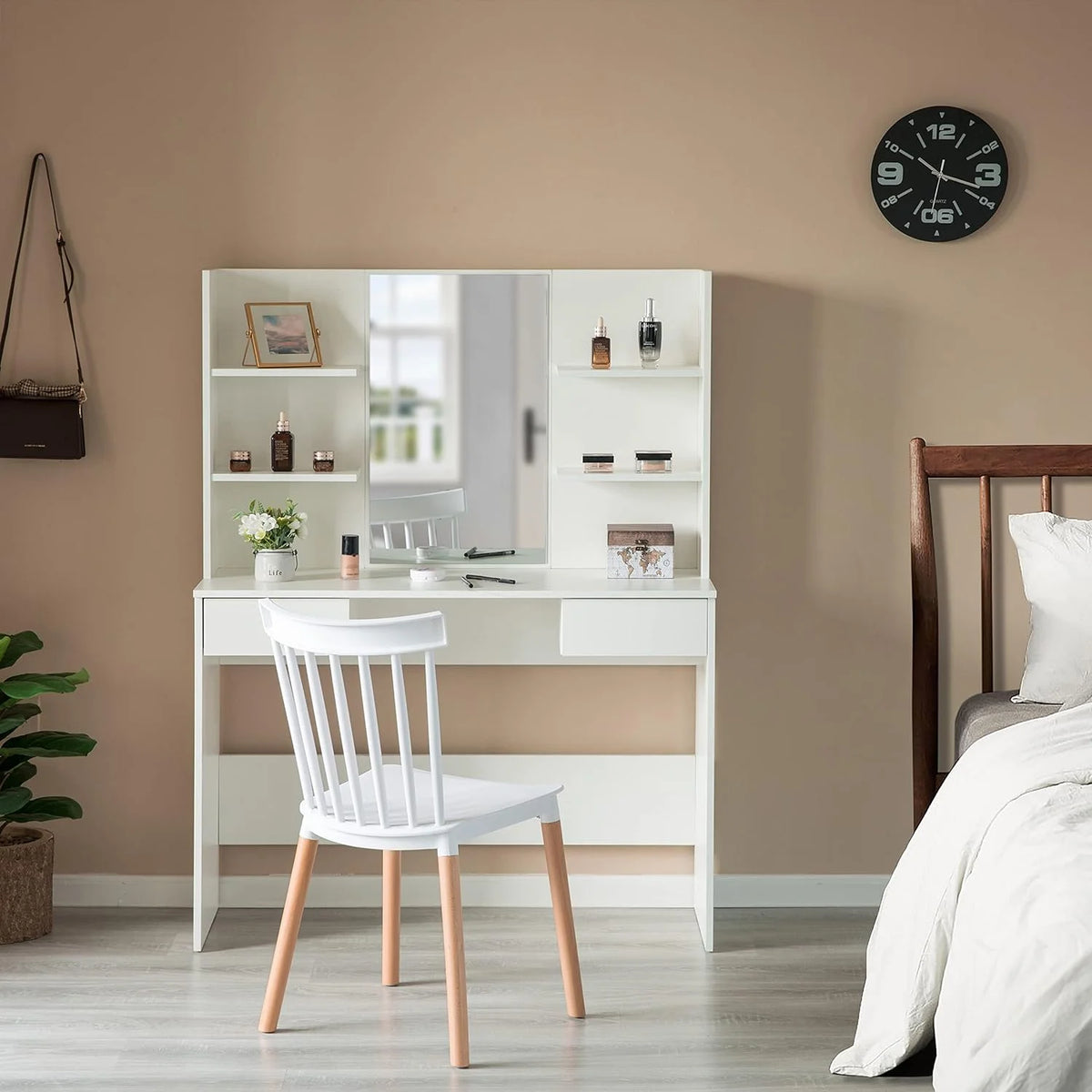 White Wooden Dressing Table with Drawer, Mirror and Shelves P935