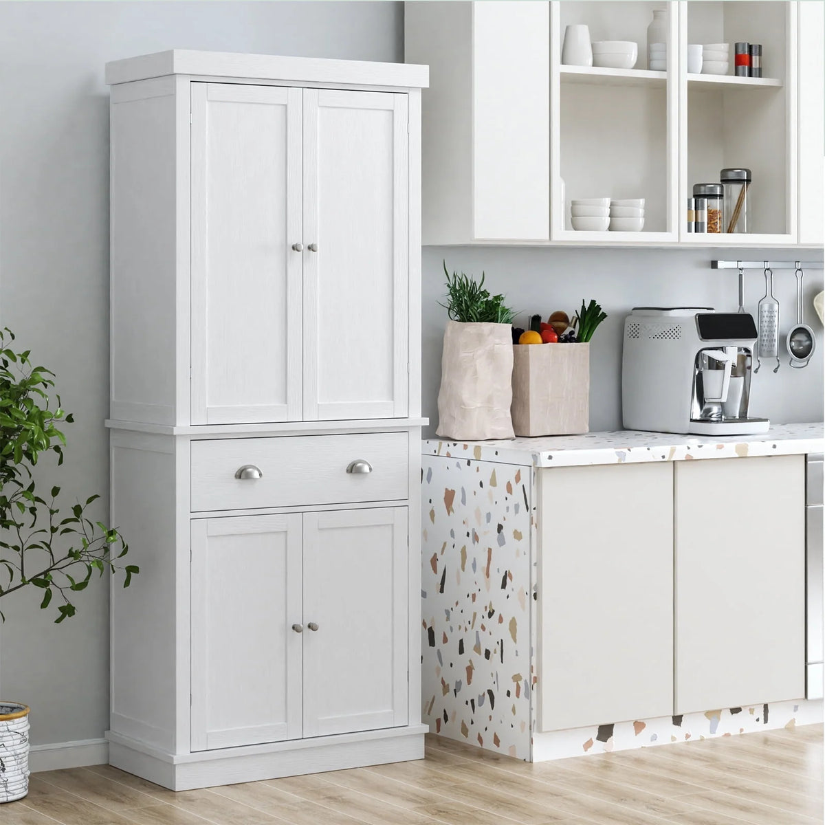White Tall Kitchen Pantry with 4 Doors K77152