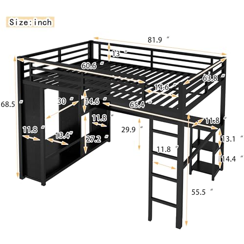 Full Size White Metal Loft Bed with Desk and Wardrobe D592