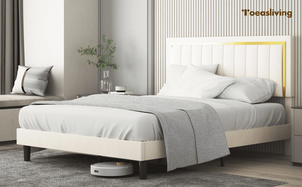 Upholstered Platform Bed Frame with Gold Trim Full Size Fabric Bed D63504