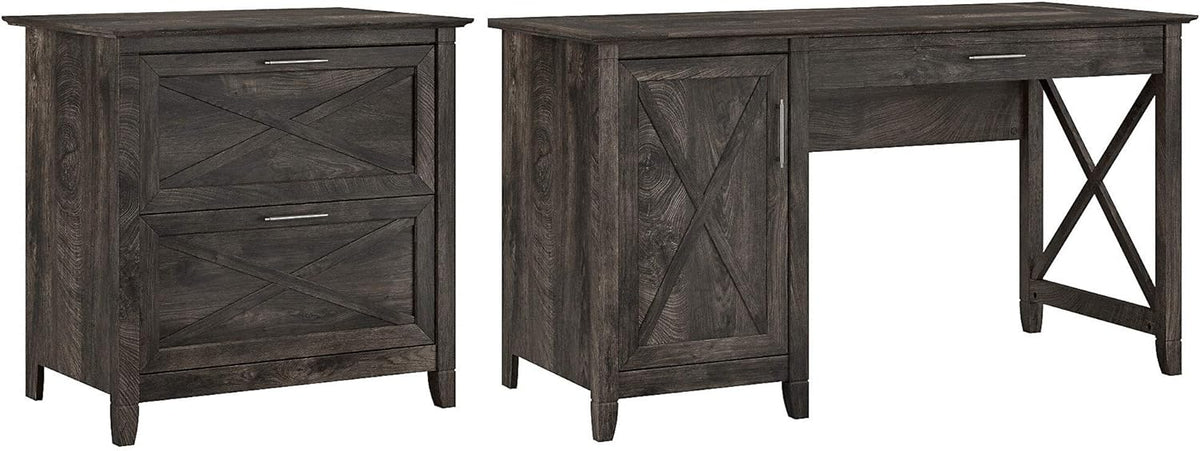 54W Reclaimed Pine Computer Desk with 2 Drawer File Cabinet S35918