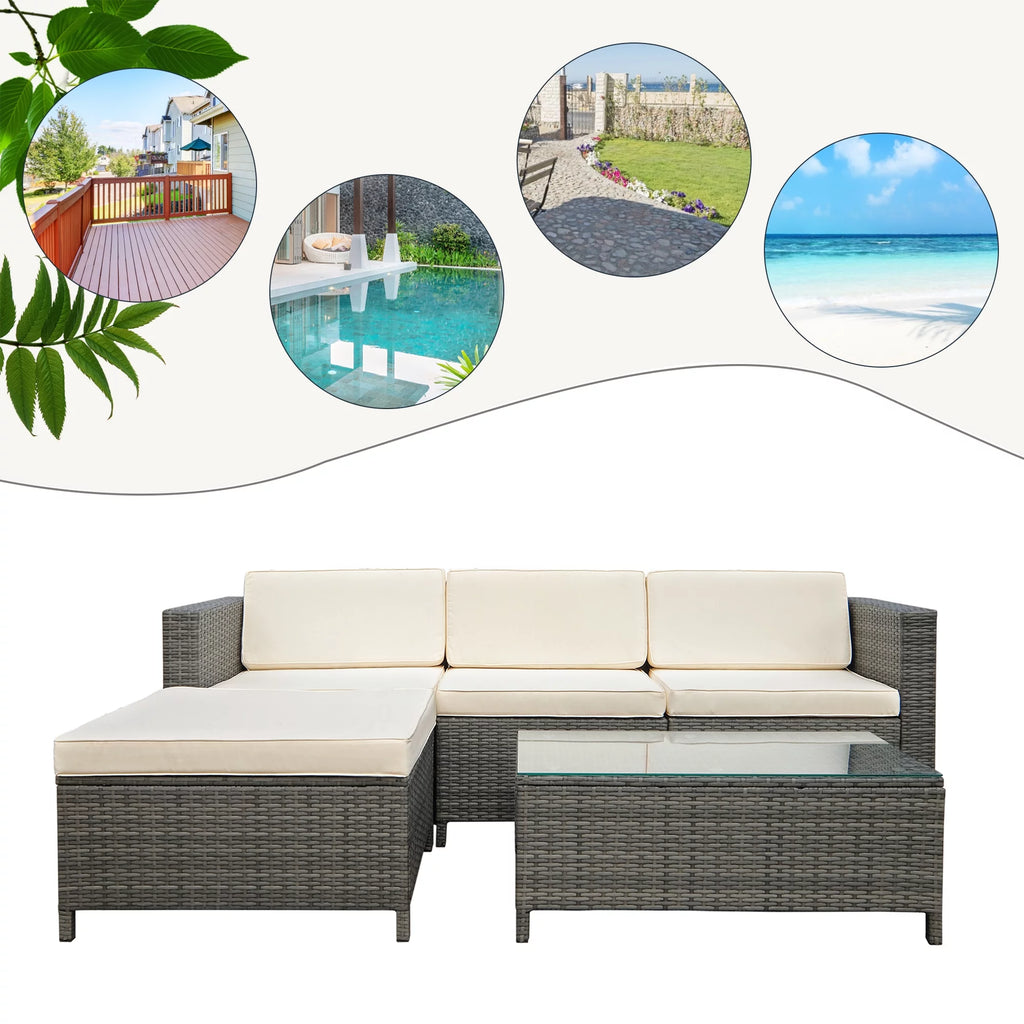 5 Piece Grey PE Rattan Wicker Patio Conversation Set with Glass Coffee Table and Ottomans P740899