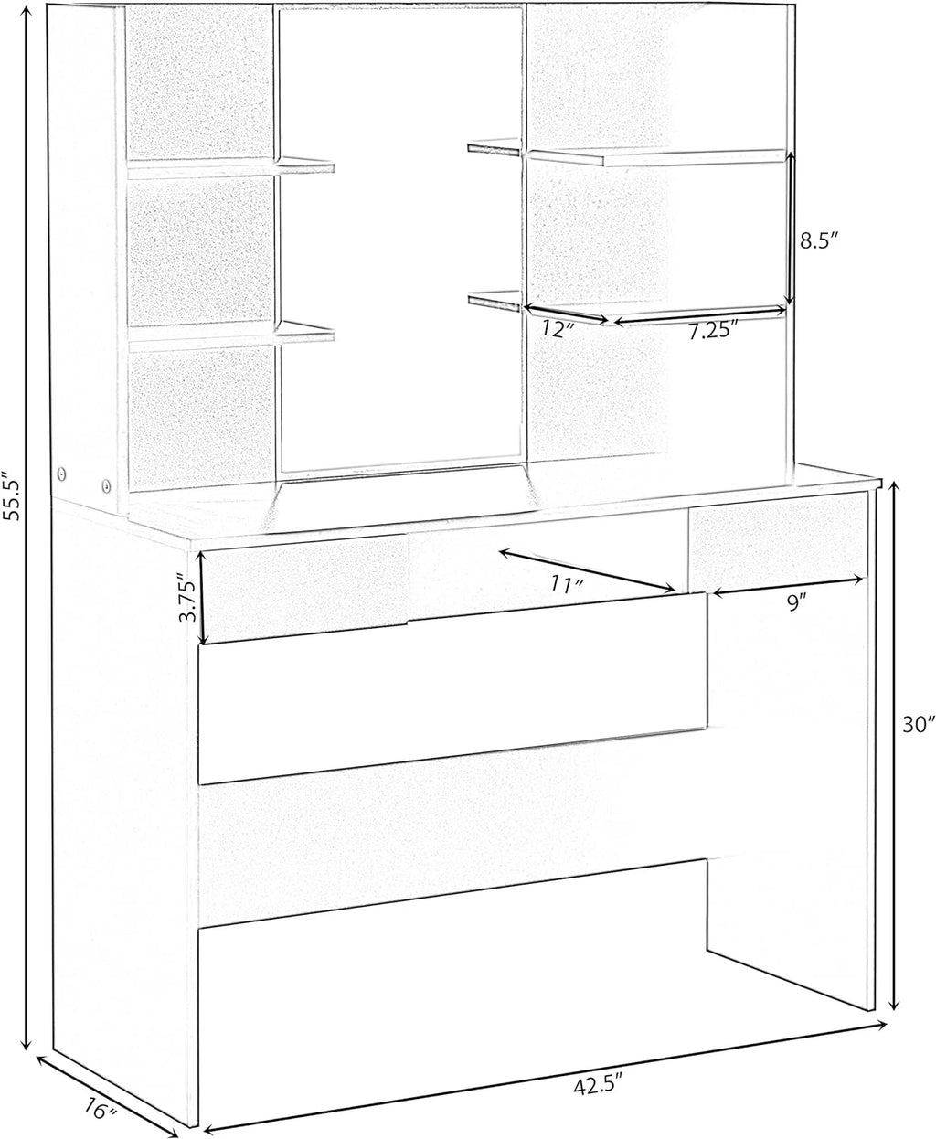 White Wooden Dressing Table with Drawer, Mirror and Shelves P935