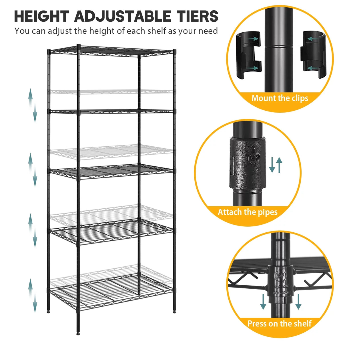 5-Shelf Adjustable Metal Wire Shelving Unit 24" L x 14" W x 60" H Black X262
