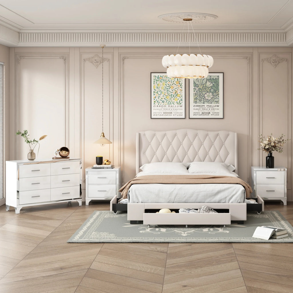 Queen Size Upholstered Bed with Three Drawers and Dresser V81824