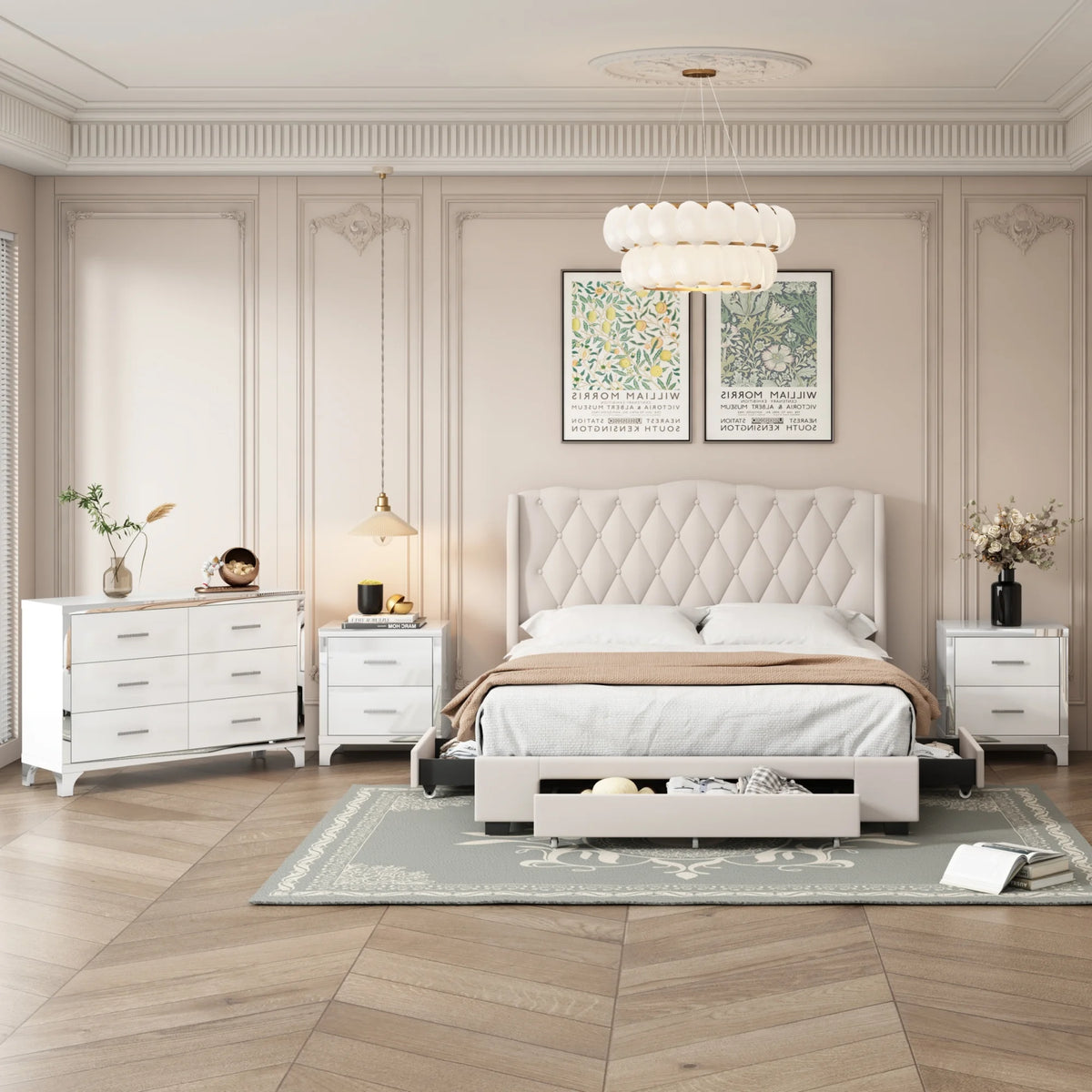 Queen Size Upholstered Bed with Three Drawers and Dresser V81824