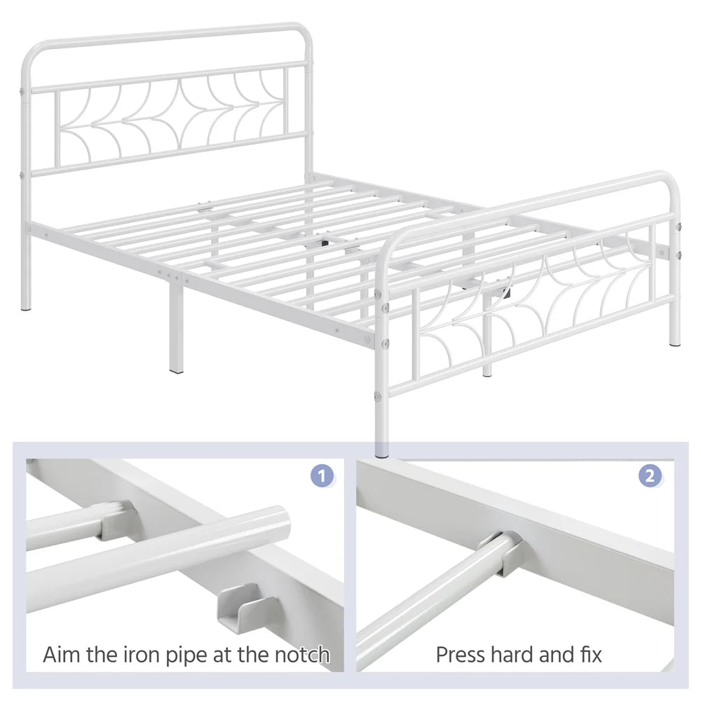 White Full Size Metal Bed with Headboard and Footboard U8532