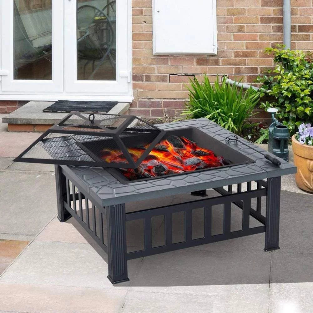 32 Wood Burning Fire Pit with Screen Lid and Poker, Black I593