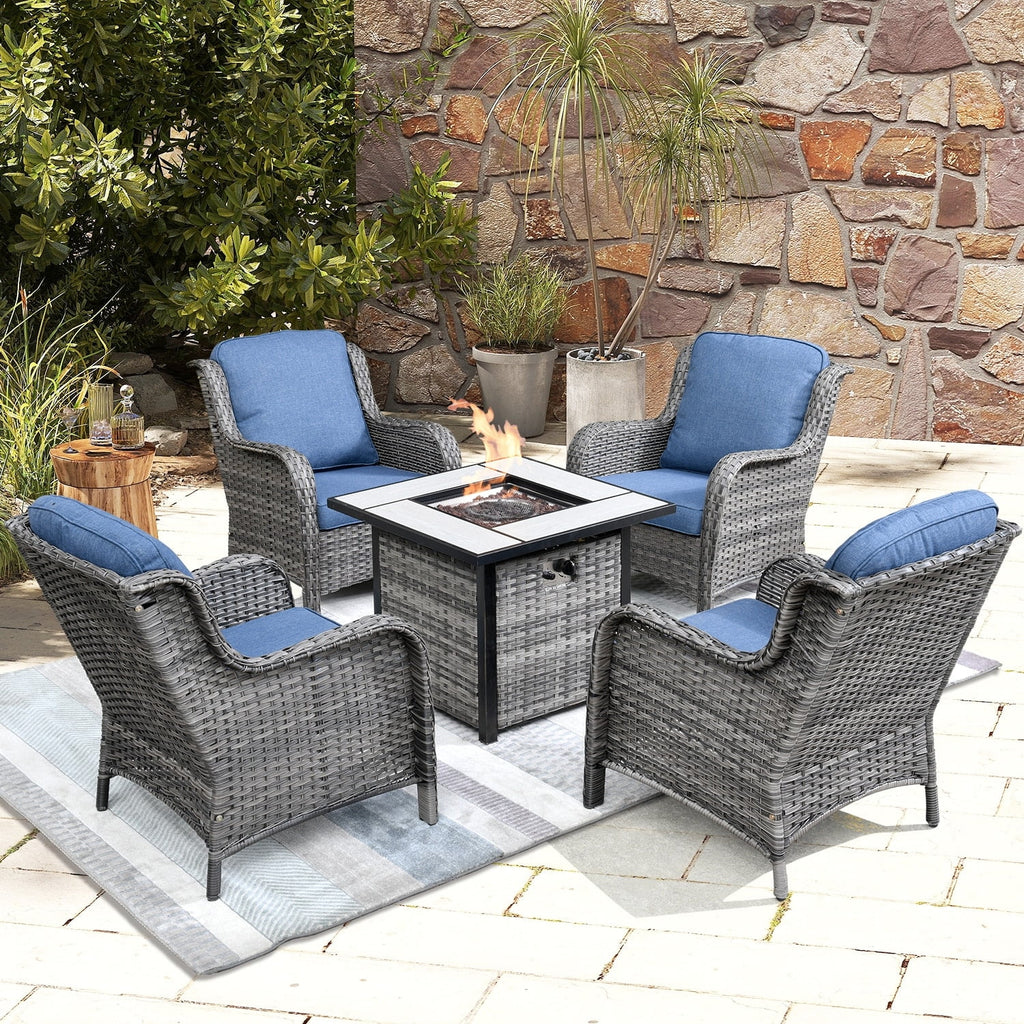 Rattan Wicker 5-piece Patio Furniture Set with Fire Pit Grey L667