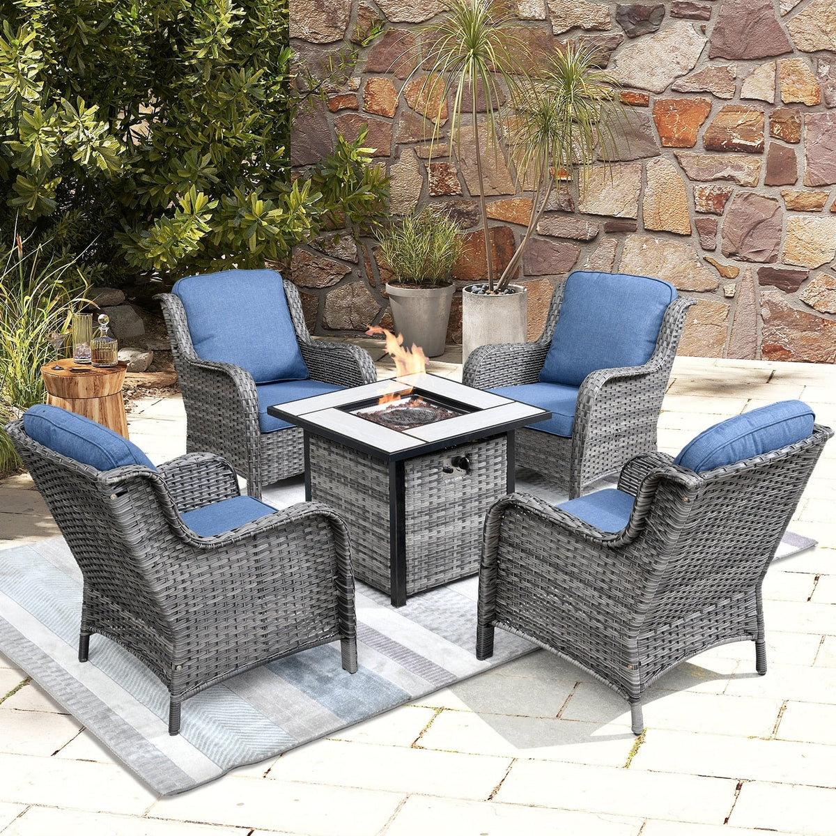 Rattan Wicker 5-piece Patio Furniture Set with Fire Pit Grey L667