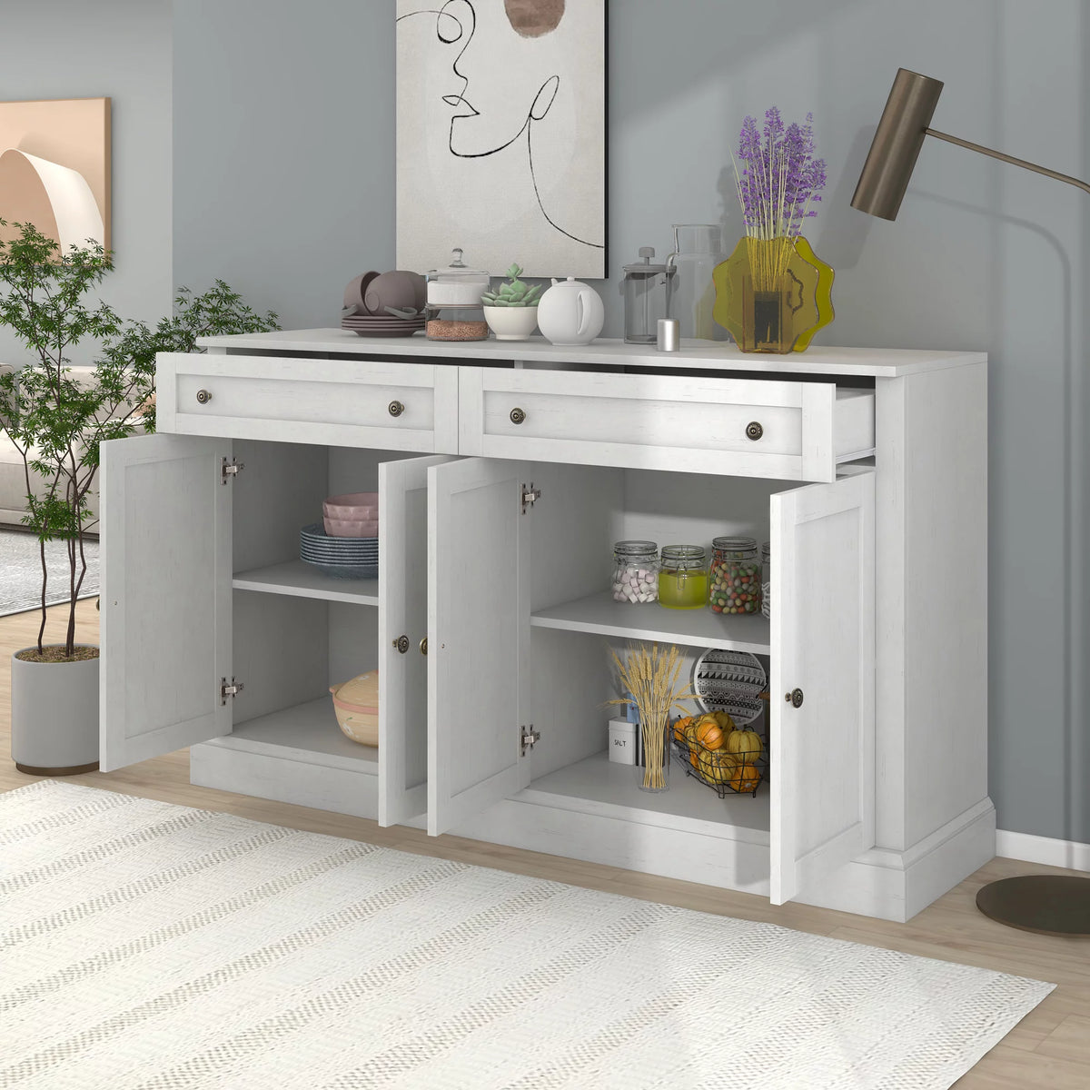 Antique White Kitchen Sideboard Buffet Cabinet with 2 Drawers & 4 Doors S78538