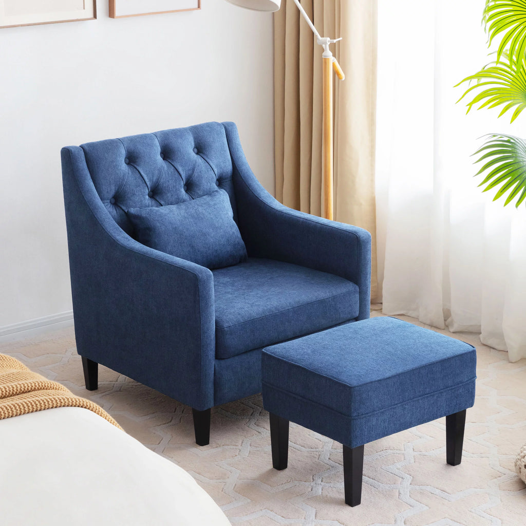 Blue Upholstered Accent Chair with Ottoman I822