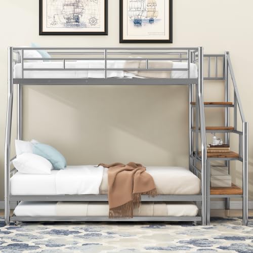 Black Twin Over Full Metal Bunk Bed with Trundle and Storage Staircase X583