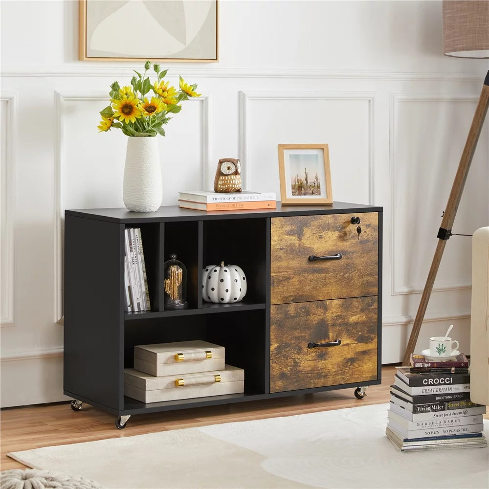 Rolling File Cabinet with 2 Drawers and Open Shelving N7662