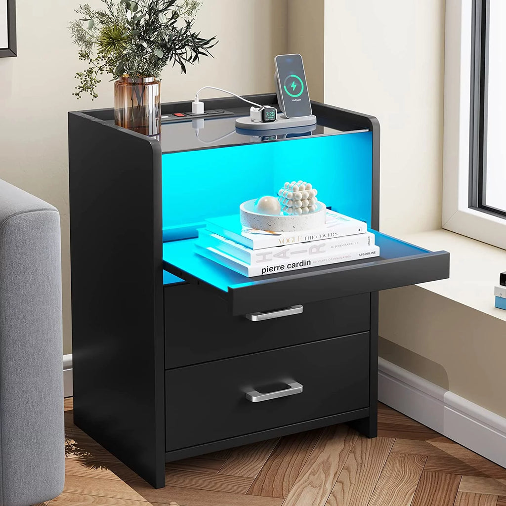 Black LED Nightstand with USB Charging and Drawers J633446