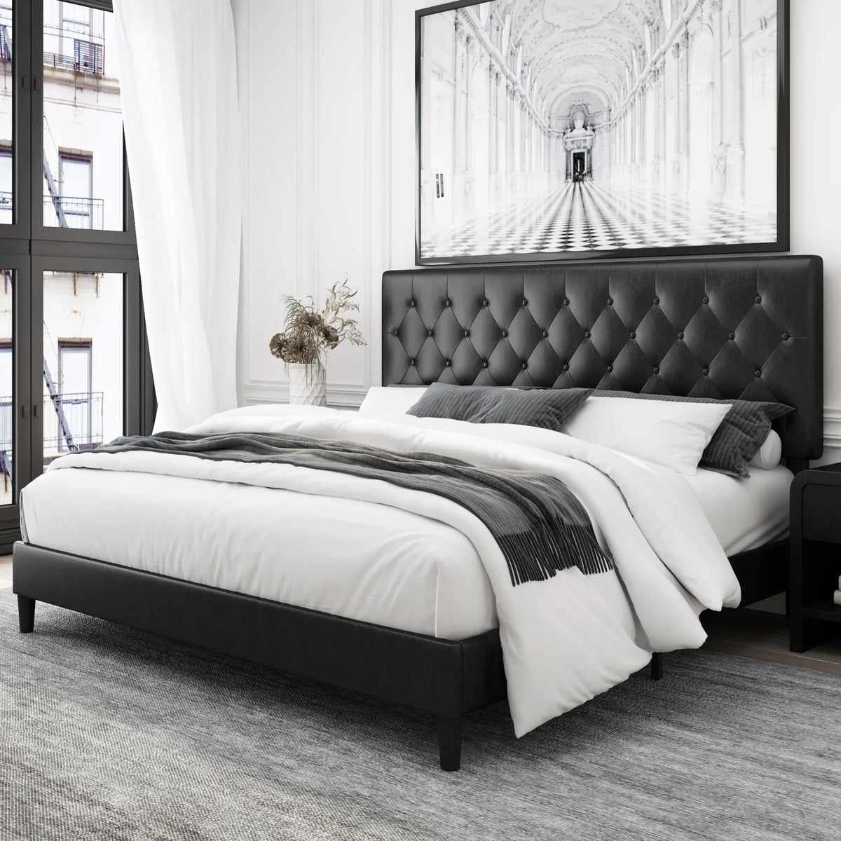 White Faux Leather Upholstered King Bed Frame N75972