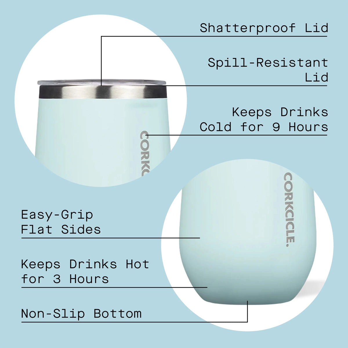 Gloss Powder Blue 12 oz Stainless Steel Stemless Wine Glass B52914