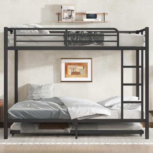 Black Twin Over Full Metal Bunk Bed with Trundle and Storage Staircase X583