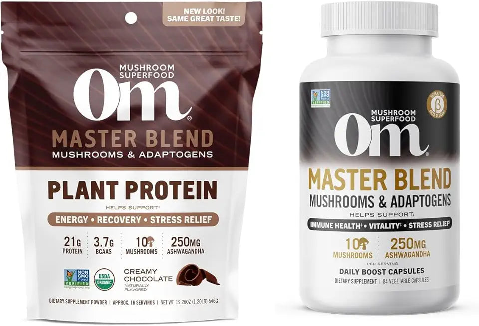Plant-Based Protein Powder and Mushrooms & Adaptogens Capsules Supplement S281428