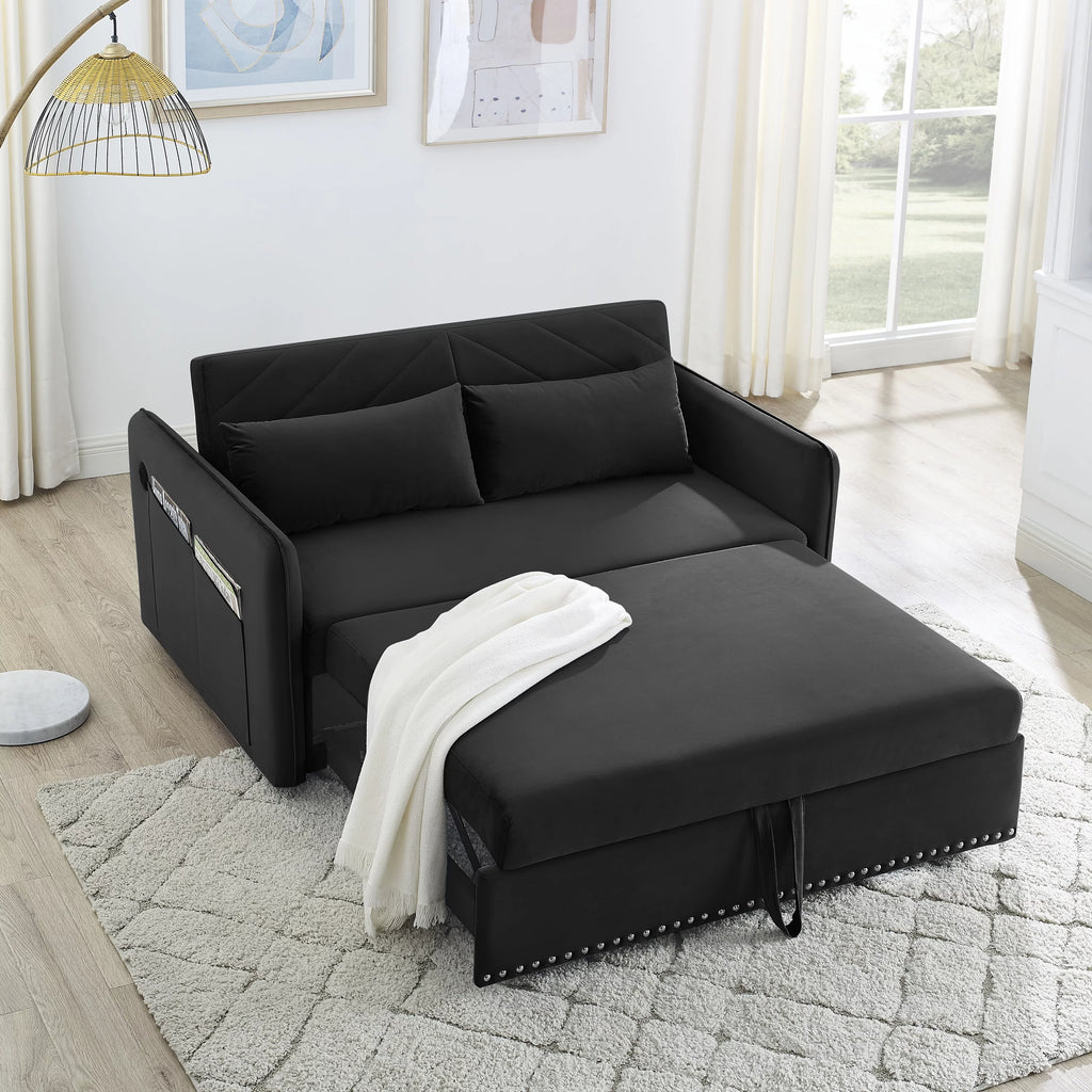 Black Velvet 3 in 1 Sleeper Sofa Couch Bed with 2 USB Ports C2249