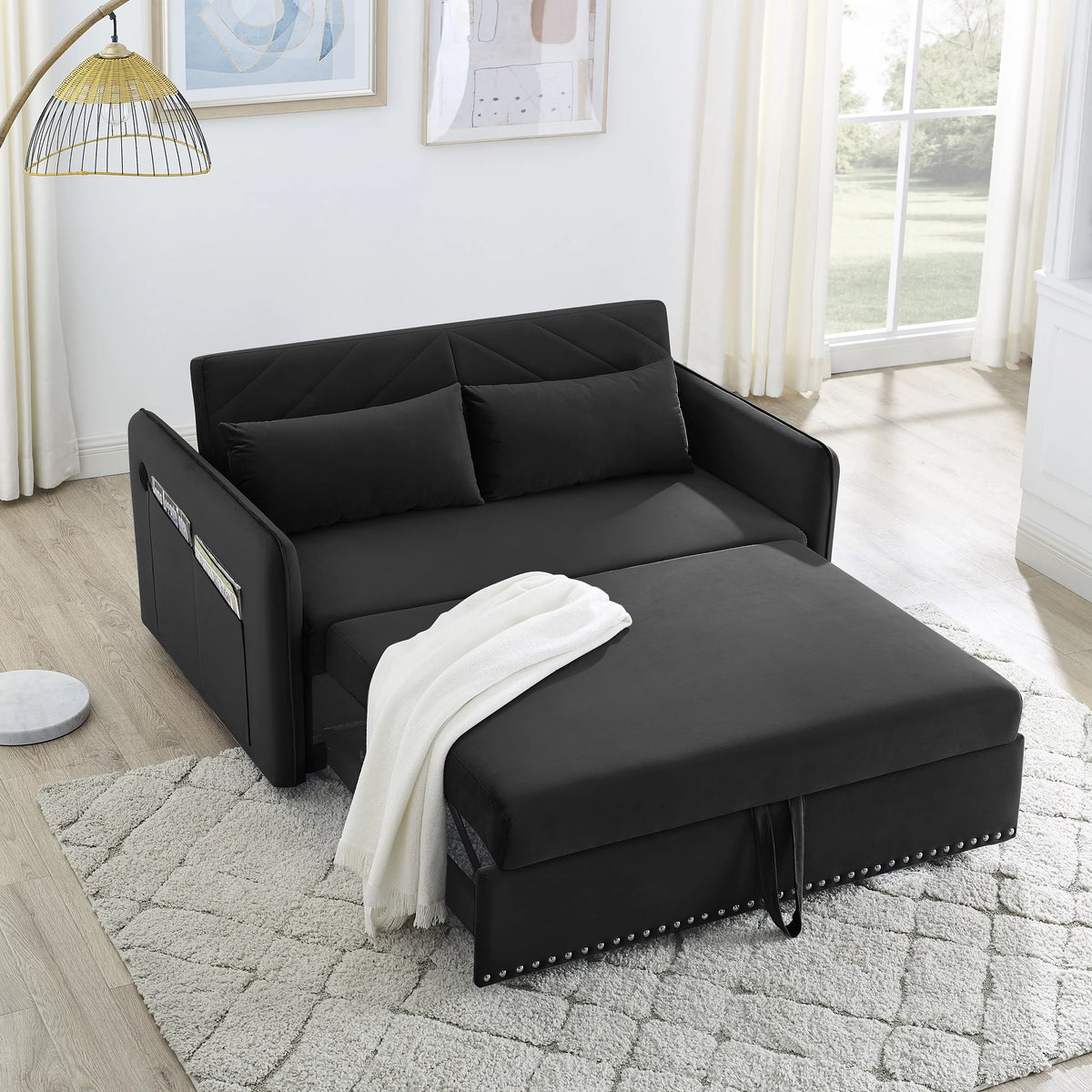Black Velvet 3 in 1 Sleeper Sofa Couch Bed with 2 USB Ports C2249