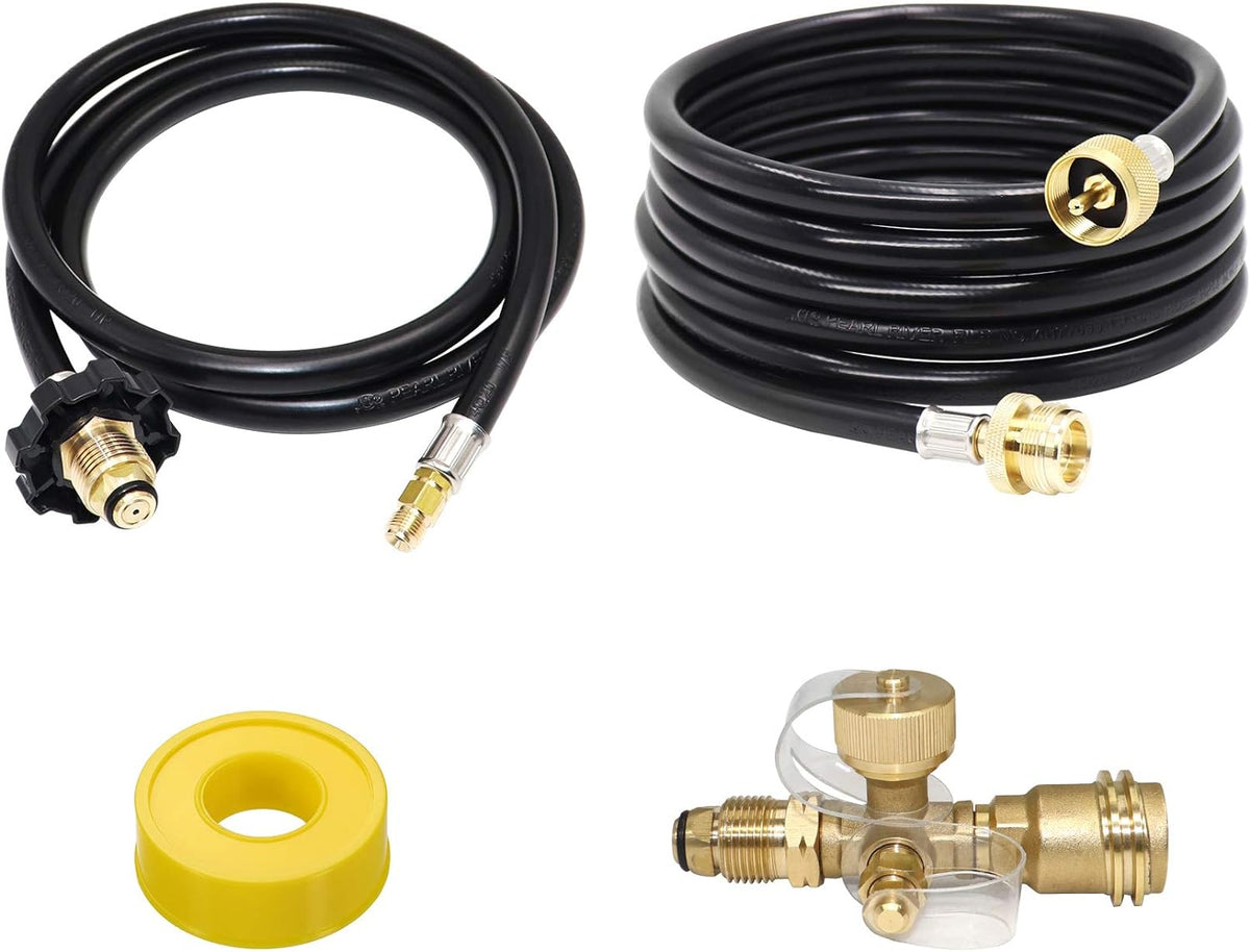 Propane Brass Tee Adapter Kit 4-Port with 5ft and 12ft Hoses R759
