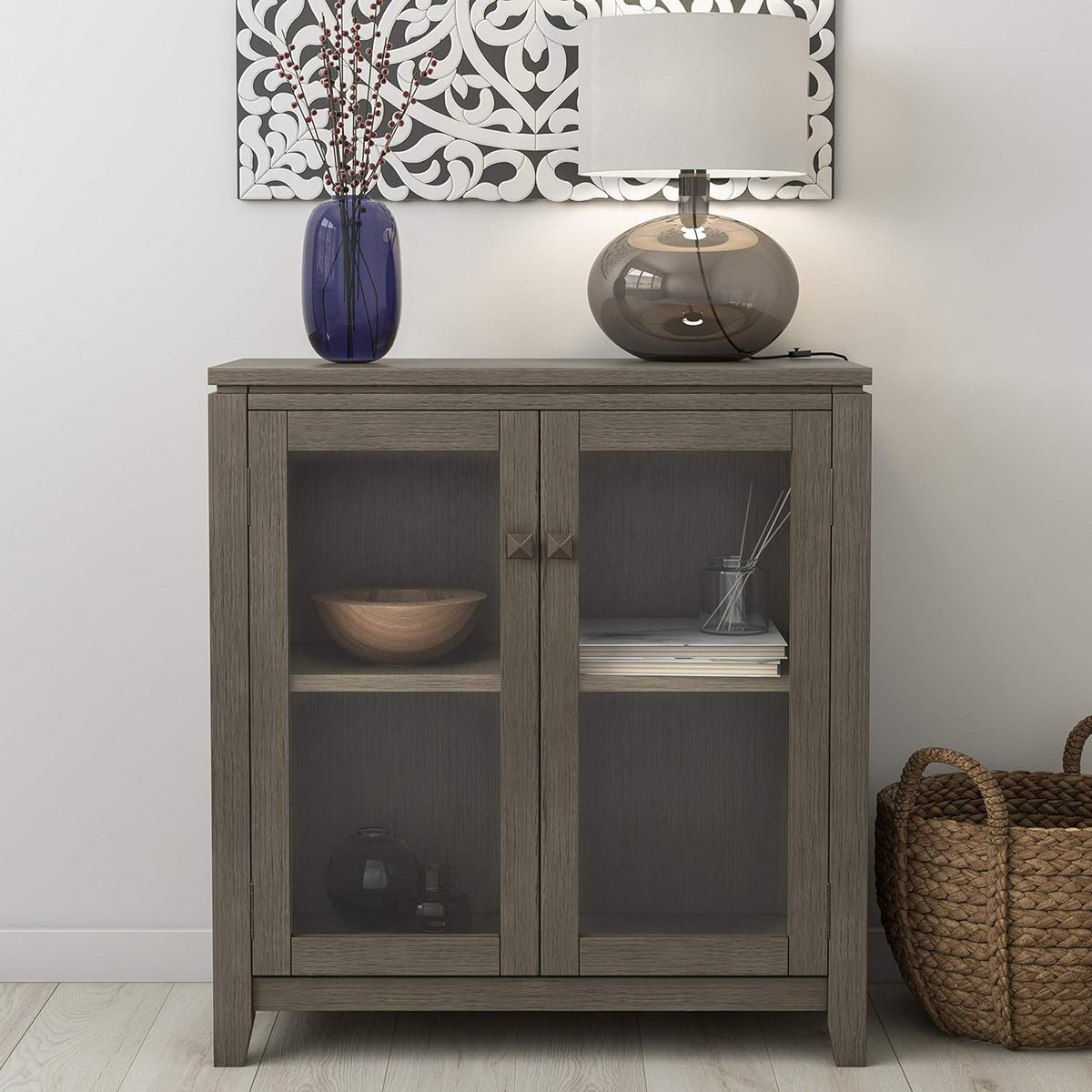 Farmhouse Grey 30 inch Wide Low Storage Cabinet with 2 Tempered Glass Doors M77066