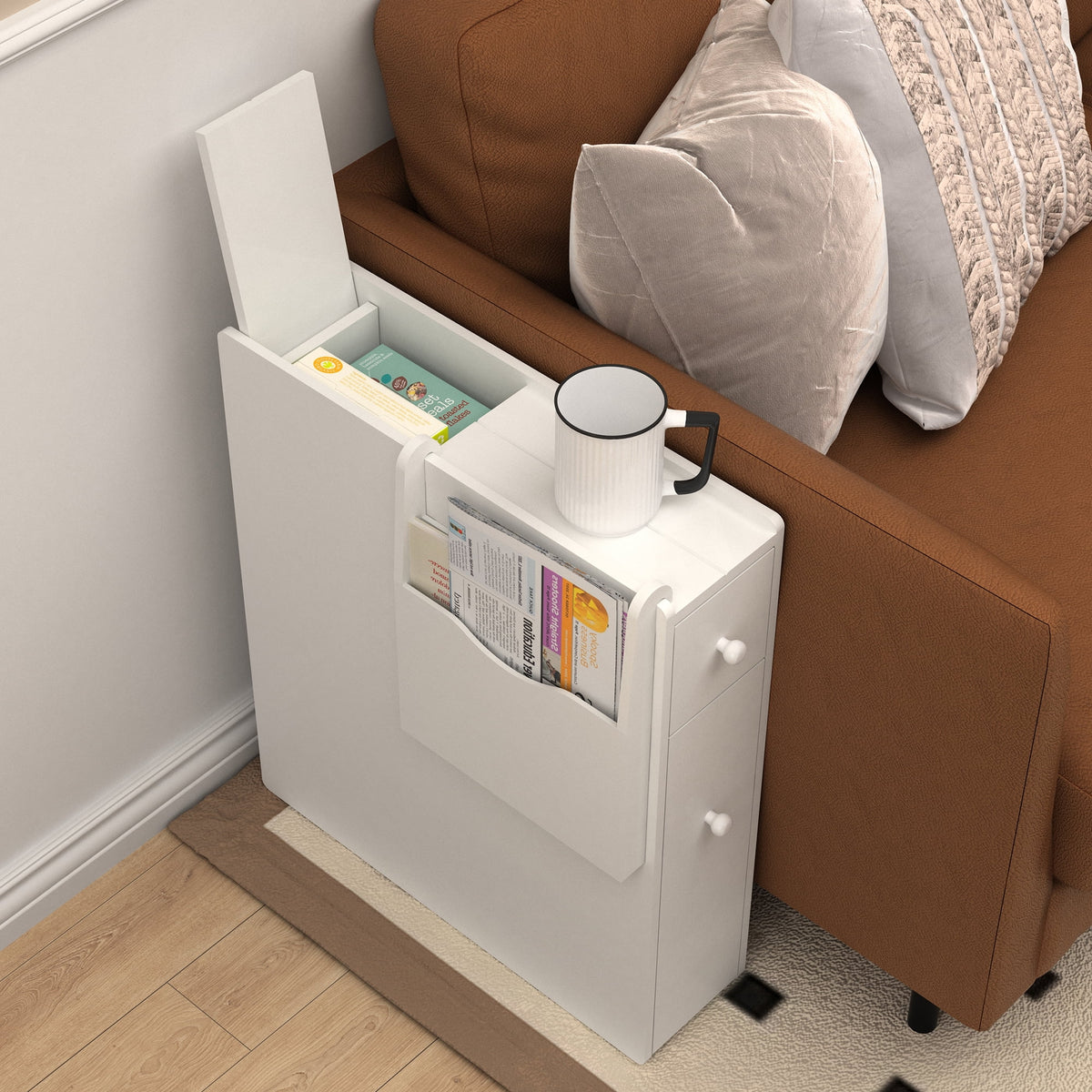 White Wood Slim Bathroom Storage Cabinet with Drawer E770542