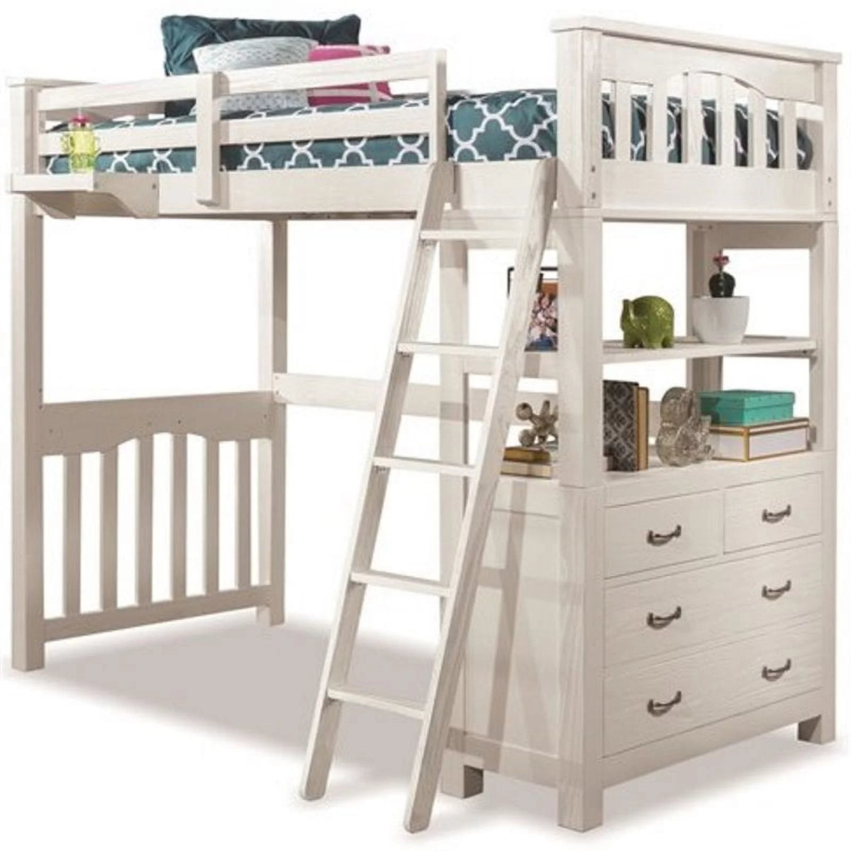 Twin Wooden Loft Bed with Dresser and Hanging Nightstand in White H572