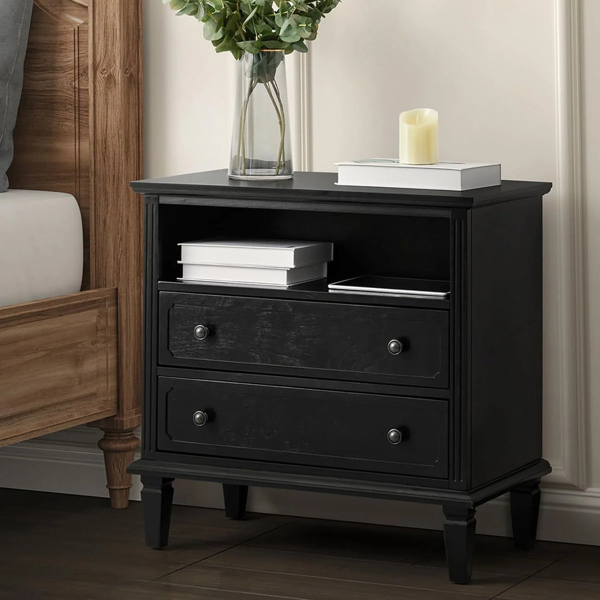 Black Nightstand with USB Ports and Outlets, 2 Drawers P487