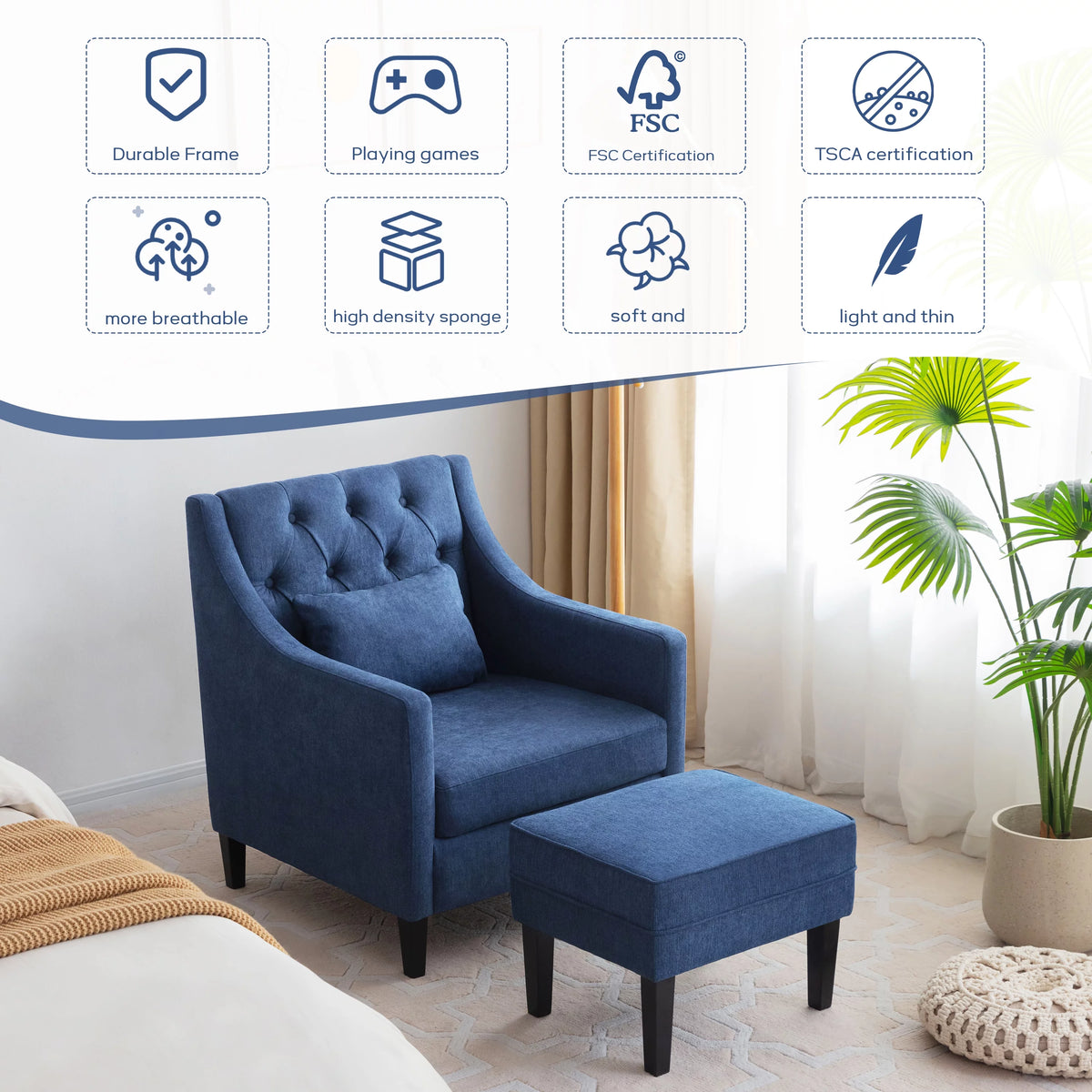 Blue Upholstered Accent Chair with Ottoman I822