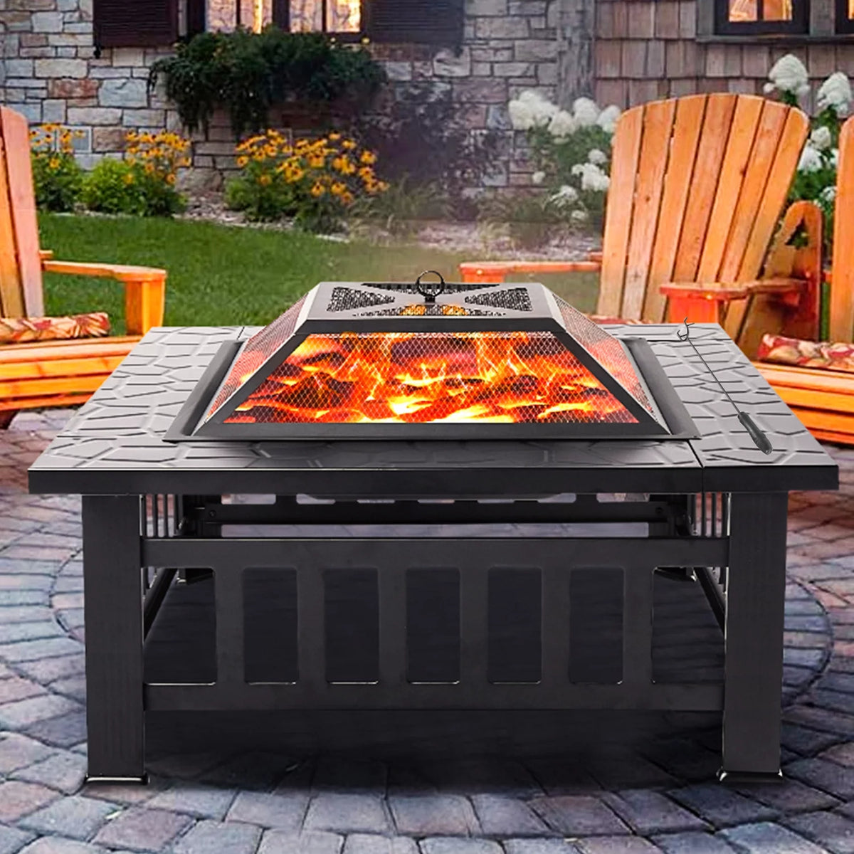 32 Wood Burning Fire Pit with Screen Lid and Poker, Black I593