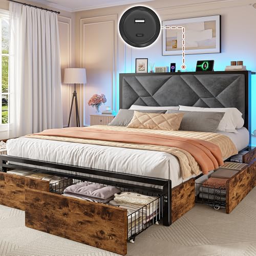 Queen Size Bed Frame with 6 Storage Drawers and LED Lights U9046