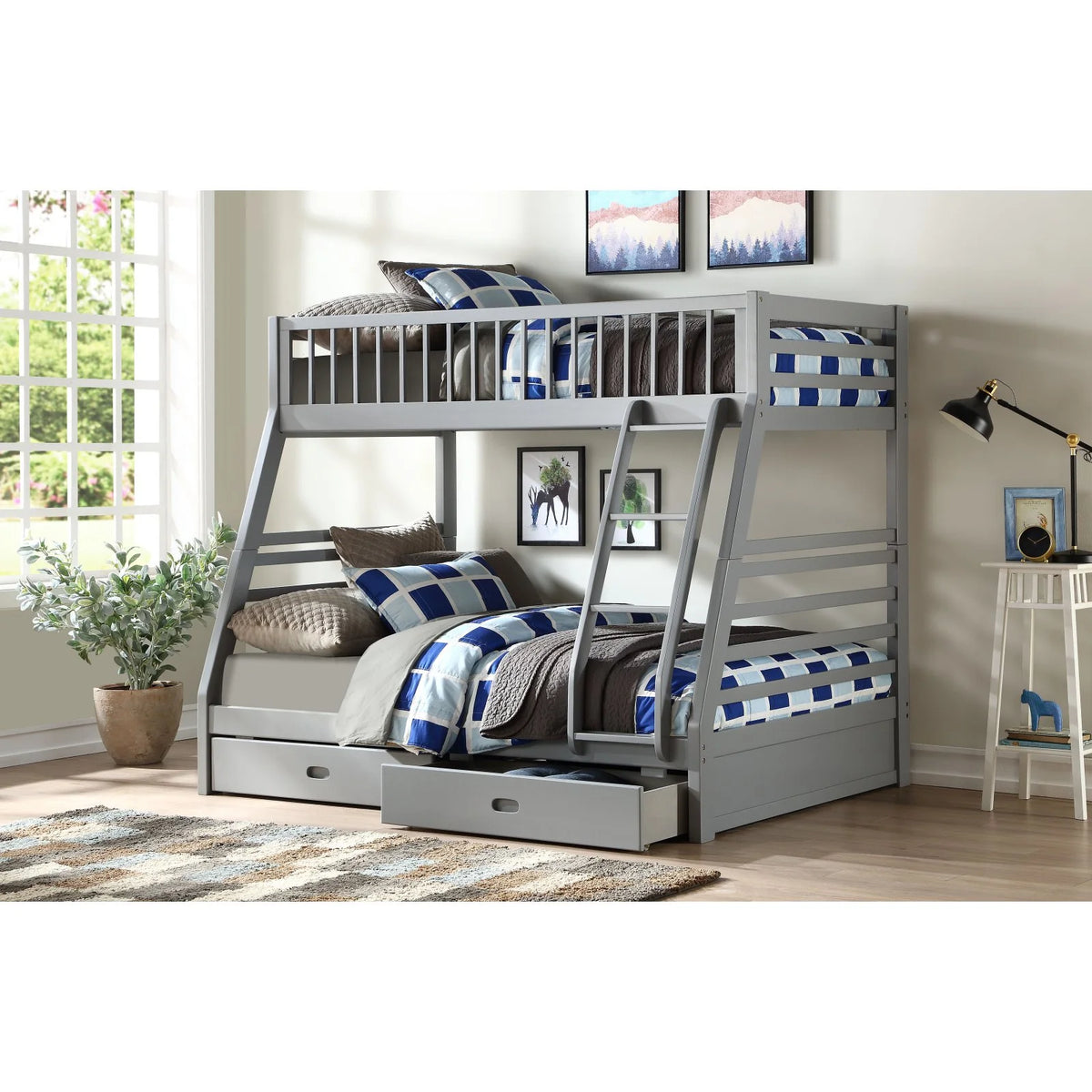 Gray Twin over Full Bunk Bed with 2 Drawers Q8084